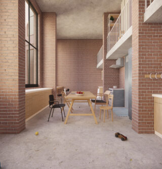 Eine moderne Loftküche und ein Essbereich mit Ziegelwänden, hoher Decke, Holztisch und -stühlen und verstreuten Spielsachen auf dem Betonboden.