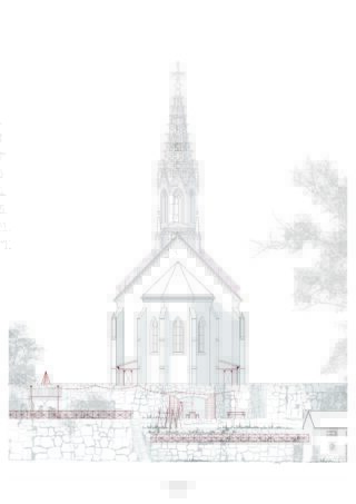 Architektonische Aufrisszeichnung einer neugotischen Kirche mit hohem Turm, steinerner Stützmauer und angelegten Gartenelementen im Vordergrund.