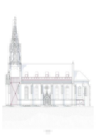 Architektonische Aufrisszeichnung einer Kirche im gotischen Stil mit detaillierten äußeren Merkmalen, Spitzbögen, Strebepfeilern und einem hohen Turm auf der linken Seite.