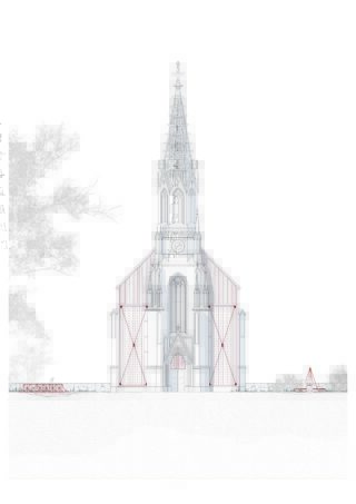 Architektonische Aufrisszeichnung einer Kirche im gotischen Stil mit Spitzbögen, hohem Turm und umgebenden Bäumen, von vorne betrachtet.