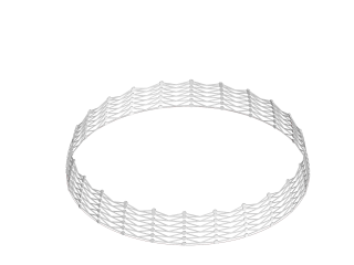 Vor einem weißen Hintergrund ist ein kreisförmiger, offener Metallstent mit einem netzartigen Zickzackmuster zu sehen.