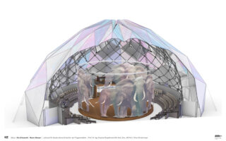 Digitale Darstellung einer geodätischen Kuppel mit einem zentralen kreisförmigen Bereich, in dem sich zwischen Sitzgelegenheiten und Präsentationsgeräten große, halbtransparente Elefanten befinden.