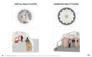 Vergleich zweier Kuppelstrukturen: eine Virtual-Reality-Kuppel mit digitalen Bildern und Menschen im Inneren und eine Augmented-Reality-Kuppel mit einer geometrischen Projektion und einer Person, die mit Panels interagiert.