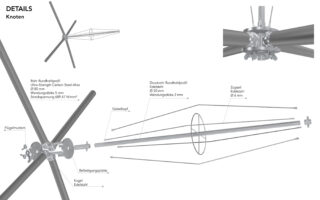 Technisches Diagramm, das die detaillierte Struktur und die beschrifteten Komponenten einer Knotenverbindung in einem Rohrrahmen zeigt, einschließlich Elementen aus Kohlenstoffstahl und Edelstahl.