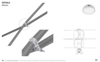 Technische Abbildung, die eine detaillierte Verbindung sich kreuzender Strukturstäbe zeigt, die durch eine Klammer gesichert sind, mit Draufsicht, Seitenansicht und perspektivischer Ansicht sowie einem kleinen Diagramm der Kuppelstruktur in der Ecke.