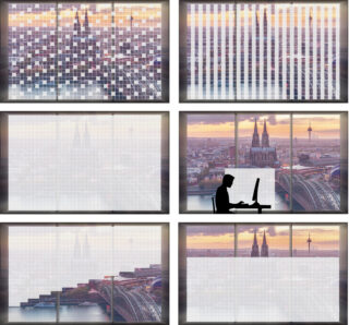 Sechs Bilder zeigen Sichtschutzfilter in unterschiedlichen Stärken, die die Sichtbarkeit einer Stadtlandschaft mit einer Kathedrale verändern; ein Bild zeigt die Silhouette einer Person an einem Computer.