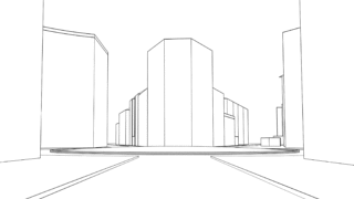 Schwarz-weiße Strichzeichnung einer Stadtlandschaft mit hohen, rechteckigen Gebäuden und einer kurvigen Straße im Vordergrund.