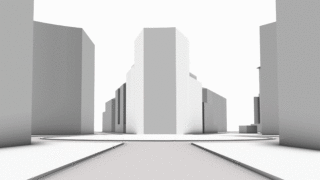 Eine in Graustufen 3D gerenderte Stadtlandschaft mit hohen rechteckigen Gebäuden und einem Kreisverkehr im Vordergrund unter einem weißen Himmel.