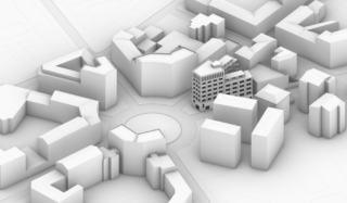 3D-Rendering eines Häuserblocks mit mehreren Gebäuden, die um einen zentralen Kreisverkehr angeordnet sind, mit vereinfachten weißen Strukturen und minimalen Details.