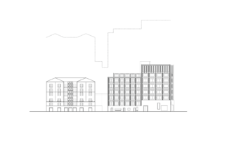 Strichzeichnung, die die Vorderansicht zweier benachbarter mehrstöckiger Gebäude mit rechteckigen Fenstern und minimalen Hintergrunddetails zeigt.