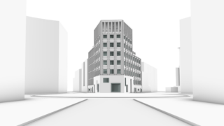 Ein Graustufen-3D-Rendering eines mittelhohen, rechteckigen Gebäudes an einer Straßenkreuzung, umgeben von minimalen, eintönigen Strukturen in einer vereinfachten städtischen Umgebung.