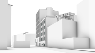 Minimalistische 3D-Darstellung von städtischen Gebäuden mit flachen Oberflächen und einfachen geometrischen Formen, von der Straßenebene aus betrachtet.