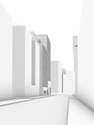 Eine minimalistische 3D-Darstellung einer Stadtstraße mit hohen, weißen, kastenförmigen Gebäuden unter einem leeren Himmel, die eine leere und saubere städtische Umgebung zeigt.