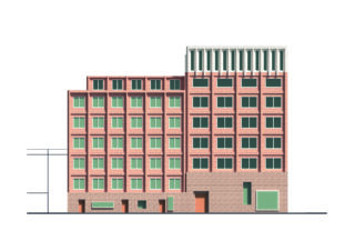 Architektonische Aufrisszeichnung eines mehrstöckigen Backsteingebäudes mit grünen Fenstern und Türen, von vorne vor einem weißen Hintergrund betrachtet.