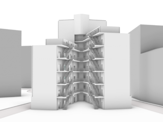 Ein weißes 3D-Modell eines mehrstöckigen Gebäudes mit Außentreppen auf jeder Ebene, eingebettet zwischen anderen vereinfachten blockartigen Strukturen.