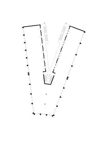 Schwarz-weißer architektonischer Grundriss in V-Form mit Räumen entlang der Arme und einem zentralen Bereich nahe der Spitze des V.
