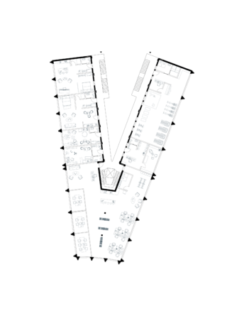 Schwarz-weißer architektonischer Grundriss in V-Form mit Arbeitsbereichen, Besprechungsräumen, Büros, Loungebereichen, Toiletten und Korridoren.
