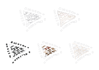 Es werden fünf dreieckige Lagepläne angezeigt, jeder mit unterschiedlichen inneren Linienmustern und umgebenden kleinen rechteckigen Formen, die alternative Layout-Designs vorschlagen.