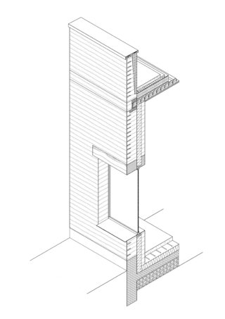 Isometrisches architektonisches Detail, das einen Abschnitt einer Holzrahmenwand mit Fensteröffnung, horizontaler Verkleidung, Überhang und Fundamentelementen zeigt.