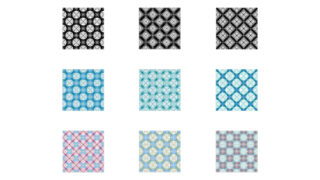 Ein Raster aus neun quadratischen geometrischen Mustern, angeordnet in drei Reihen und drei Spalten, mit schwarzen, blauen und mehrfarbigen Designs.