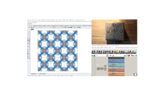 Auf dem Computerbildschirm werden ein geometrisches Muster, eine Codierschnittstelle und ein Foto eines Metallblocks angezeigt, auf dem die Himmelsrichtungen N, W, S und O markiert sind.