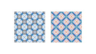 Zwei geometrische Muster nebeneinander; das linke weist blaue und braune Linien auf, die Rautenformen bilden, während das rechte blaue und orangefarbene Linien in einem ähnlichen Rautenmuster aufweist.