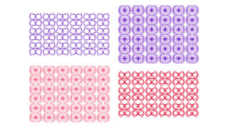 Auf einem weißen Hintergrund werden vier Gitter aus geometrischen Mustern in Lila und Rot angezeigt, jedes mit einer unterschiedlichen Anordnung sich wiederholender Formen.