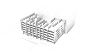 3D-Architektur-Rendering eines mehrstöckigen Gebäudes mit sichtbaren Grundrissen und Strukturwänden, dargestellt in einem weißen, minimalistischen Stil.
