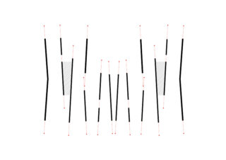 Eine Reihe vertikaler schwarzer Linien unterschiedlicher Dicke und Winkel, einige durch schattierte diagonale Linien verbunden; rote Punkte markieren die Enden jeder Linie auf einem weißen Hintergrund.