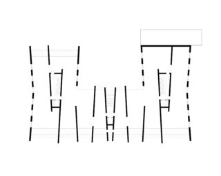 Schwarzweiße architektonische Schnittzeichnung, die eine symmetrische Struktur mit vertikalen und abgewinkelten Linien, Treppen und einem großen rechteckigen Block oben rechts zeigt.