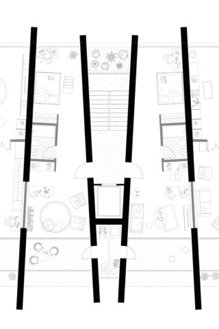 Schwarze vertikale Balken überlagern eine Grundrisszeichnung des möblierten Innenbereichs eines Gebäudes und zeigen Räume, Türen, Möbel und Dekorationsgegenstände in einer Draufsicht.