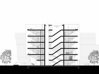 Architektonische Schnittzeichnung eines mehrstöckigen Wohngebäudes mit Innenräumen, Treppen und Strukturelementen sowie Bäumen auf beiden Seiten des Gebäudes.
