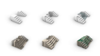 Eine visuelle Sequenz in sechs Schritten, die den Fortschritt von abstrakten Treppenformen bis hin zu einem fertigen mehrstöckigen Gebäude mit Gründach zeigt.