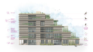 Architektonische Ansicht eines modernen mehrstöckigen Gebäudes mit Terrassen, Grünflächen und beschrifteten Bereichen für Vögel, Insekten und Pflanzen; in der Nähe sind verschiedene Vogelarten abgebildet.