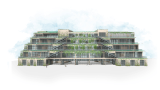 Ein modernes mehrstöckiges Gebäude mit abgestuften Terrassen, großen Fenstern und Grünflächen, die Balkone und Fassaden bedecken, von vorne betrachtet.