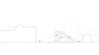 Strichzeichnung einer Stadtsilhouette mit einem zentralen Stufengebäude, auf dem Menschen auf Terrassen stehen und Linien, die Bewegungswege zwischen den verschiedenen Gebäudeebenen anzeigen.