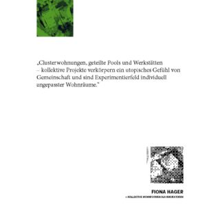Deutscher Text auf weißem Hintergrund, der sich mit Cluster-Wohnungen und kollektiven Projekten befasst, mit einer grün-schwarzen abstrakten Grafik und dem Namen Fiona Hager unten rechts.