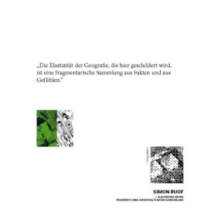 Deutsches Zitat über Geographie als Sammlung von Fakten und Gefühlen, mit kleinen abstrakten grünen und schwarzen Grafiken und dem Namen Simon Ruof unten.