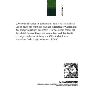 Über einem kleinen grünen abstrakten Bild und einer Schwarz-Weiß-Grafik erscheint ein deutsches Zitat zur kollektiven Lebensgestaltung, darunter eine Quellenangabe an Carla Nordmann.