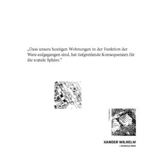 Ein deutsches Zitat zum Thema „Raum als Ware“, zwei schwarz-weiße Architekturdiagramme und der Name Xander Wilhelm mit dem Titel „Raum als Ware“.