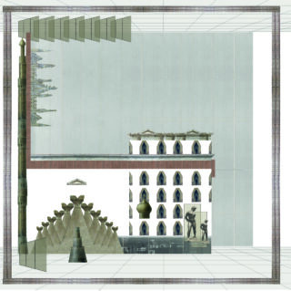 Architekturcollage mit einem Gebäude mit Bogenfenstern, Skulpturen, geometrischen Strukturen und einer hohen Säule, eingebettet in einen gitterartigen Rahmen.