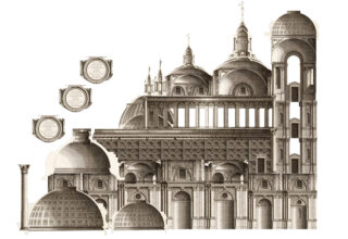 Architekturzeichnung mit Kuppeln, Bögen und Säulen im klassischen Stil, die Außen- und Querschnittsansichten sowie vier kreisförmige Detaileinschübe auf der linken Seite zeigt.