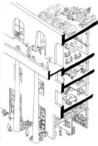 Eine Querschnitts-Strichzeichnung eines mehrstöckigen Gebäudes, die Menschen in verschiedenen Räumen zeigt, darunter ein Dachgarten, ein Café, eine Bibliothek und offene Gemeinschaftsbereiche.