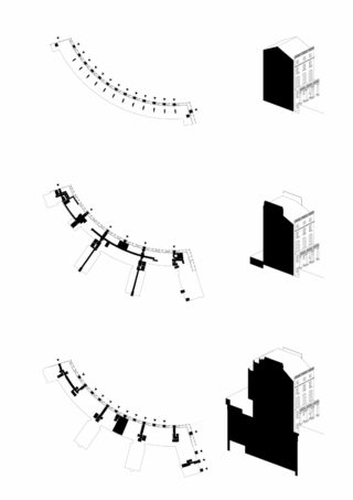 Drei Sätze von Architekturdiagrammen zeigen Gebäudegrundrisse mit entsprechenden axonometrischen Ansichten und veranschaulichen Variationen in der Gebäudemasse und der räumlichen Anordnung.