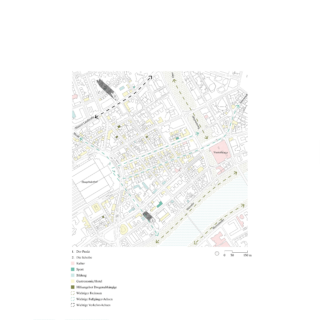 Ein detaillierter Stadtplan mit farbcodierten Sehenswürdigkeiten und Straßen, einschließlich Parks, Hotels, Geschäften und wichtigen Gebäuden, mit einer nummerierten Legende unten links zur Referenz.