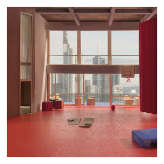 Ein Raum mit rotem Boden verfügt über Turnmatten, einen Basketballkorb, einen Ball und große Fenster mit Blick auf die Skyline der Stadt.