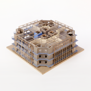 Ein detailliertes Architekturmodell zeigt ein mehrstöckiges Gebäude mit freiliegendem Tragwerk und Innenraumaufteilung auf quadratischem Grundriss.