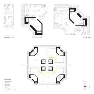 Angezeigt werden drei architektonische Grundrisse mit beschrifteten Räumen, Treppenhäusern und Wänden in Schwarzweiß, begleitet von einem kleinen 3D-Modell und einer Legende in der unteren linken Ecke.