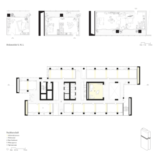 Architektonische Grundrisse mit detaillierten Layouts und Raumaufteilungen für mehrere Einheiten, einschließlich Beschriftungen, Symbolen und einer Legende zur Orientierung.