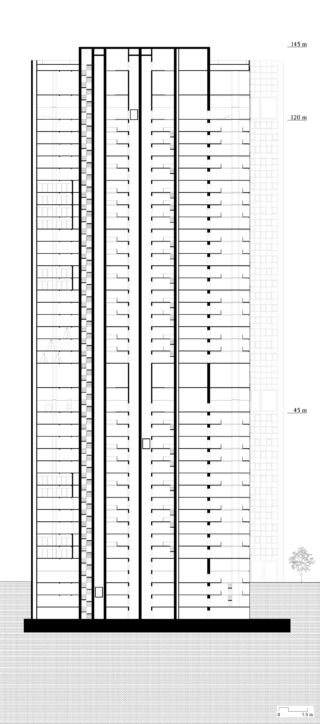 Architektonische Schnittzeichnung eines Hochhauses mit Stockwerken, Treppenhäusern, Aufzügen, Strukturelementen und Maßstabsmarkierungen bei 45 m, 120 m und 145 m.